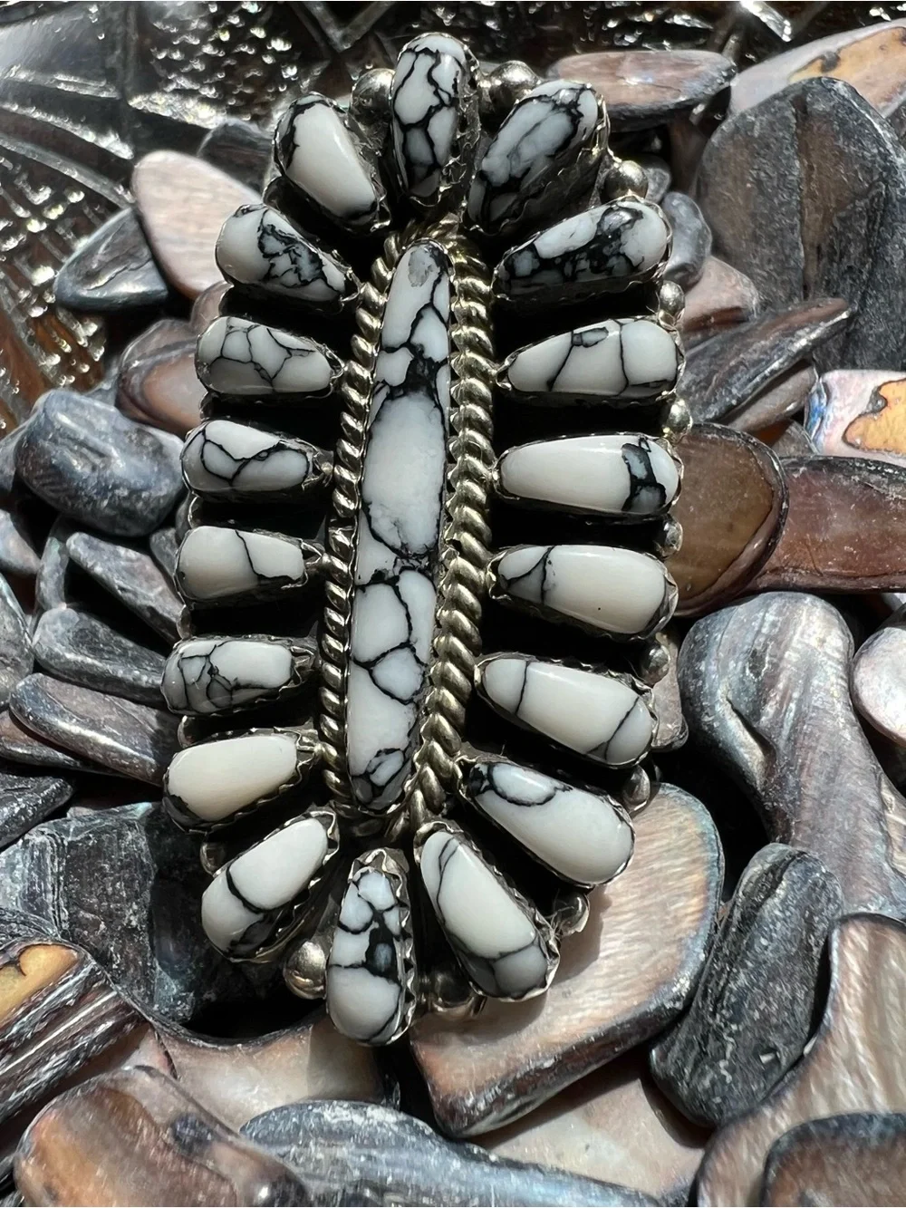 Davina Benally Navajo White Buffalo Sterling Silver Cluster Ring Sz 9.75